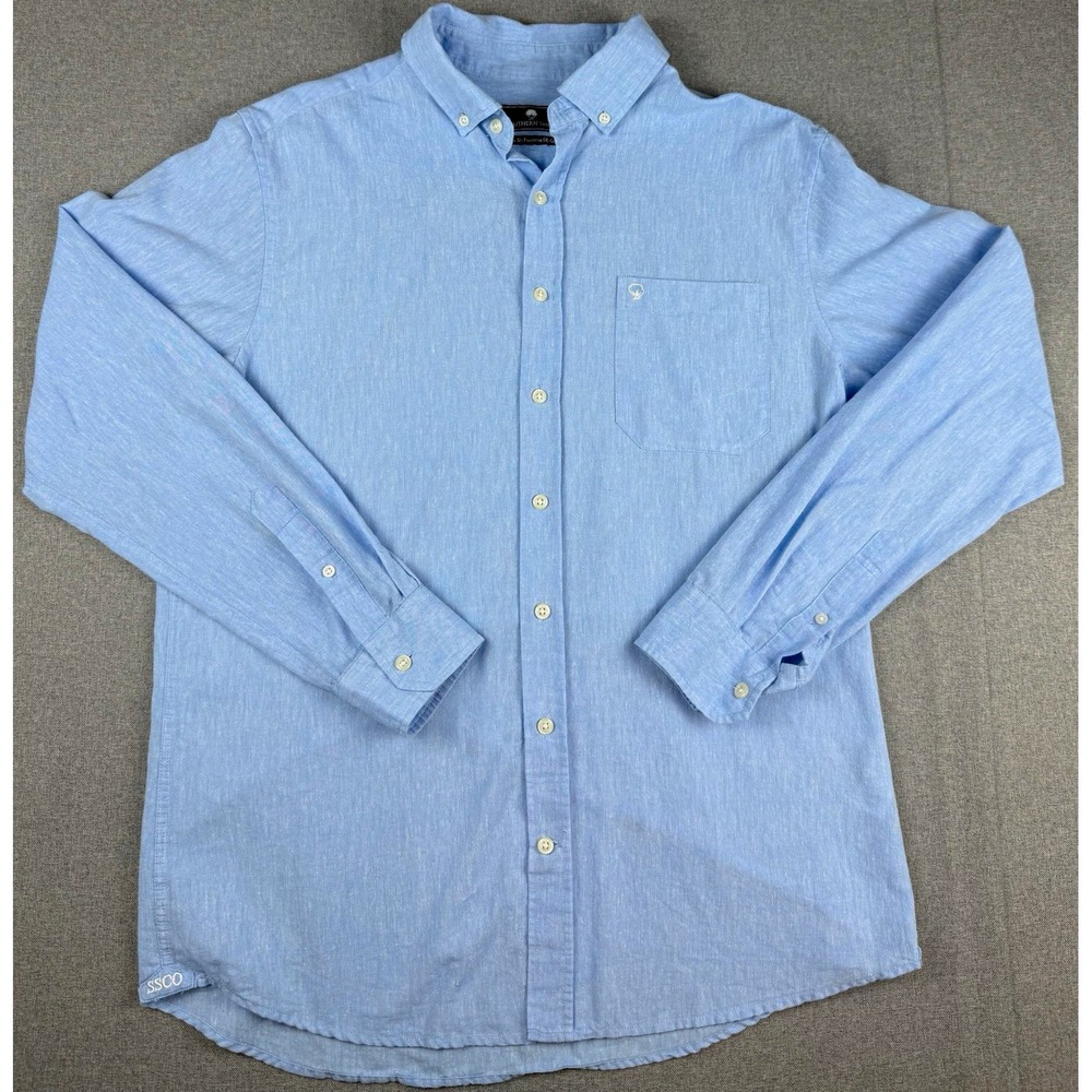 Southern Shirt Mens M Linen Blend Button Down Shirt Light Blue Long Sleeve
